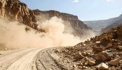Dusty Mountain Road Dramatic Desert Landscape with Windblown Sand and Rocks