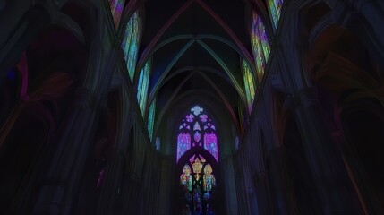 Obraz premium Shadowy cathedral nave, intricate stained glass casting faint colored light, towering arches shrouded in darkness, wide symmetrical view. 