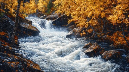 Autumnal mountain stream cascading over rocks.