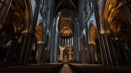 Fototapeta premium Shadowy cathedral nave, intricate stained glass casting faint colored light, towering arches shrouded in darkness, wide symmetrical view. 