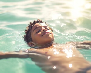 Tranquil shot of boy floating peacefully in shallow water