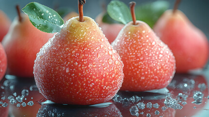 Close-up of juicy red pears glazed with sugar on a reflective surface