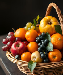 Basket of fresh fruits grapes apples oranges and berries, Generative AI