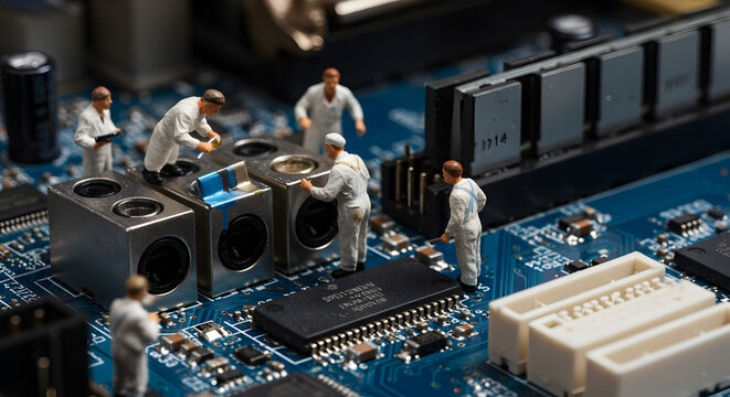 Miniature Engineers in White Suits Repairing a Detailed Blue Computer Motherboard with Silver Metallic Components Close Up - Powered by Adobe