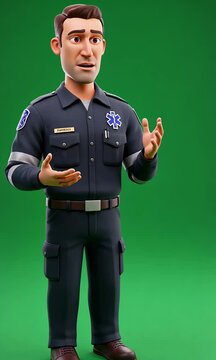 Cartoon-style paramedic gestures, wearing navy uniform on green background
