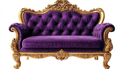 Purple velvet loveseat with decorative detailing isolated on white