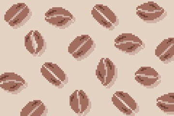 Pixel art pattern featuring stylized coffee beans on a light beige background. The design uses a retro 8-bit aesthetic for vintage-themed projects, café branding, textile design, digital wallpapers