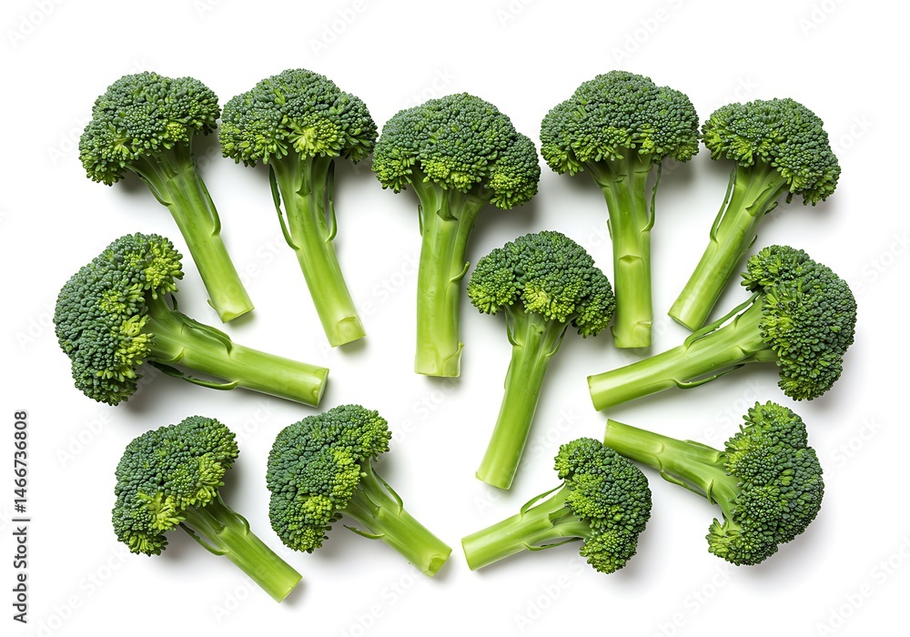 Poster overhead shot of fresh green broccoli florets arranged on a white surface in a random pattern