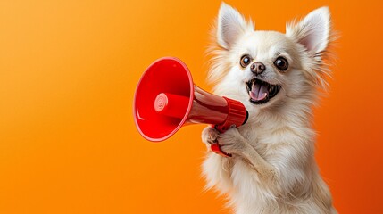Playful dog holding megaphone