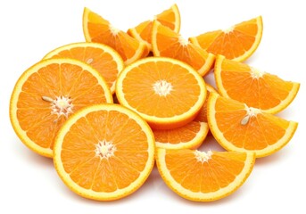 Fototapeta premium Fresh orange slices and halves arranged on a white surface