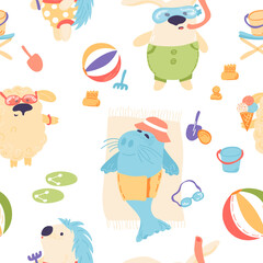 Adorable animals seamless pattern. Rabbit, hedgehog, seal and sheep in swimsuits relaxing on the beach. Vector hand drawn illustration in simple hand drawn modern style.
