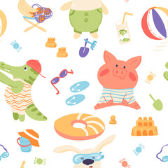 Adorable animals seamless pattern. Pig, rabbit, croco in swimsuits relaxing on the beach. Vector hand drawn illustration in simple hand drawn style.