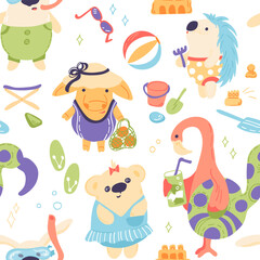 Adorable animals seamless pattern. Polar bear, flamingo, cow, hedgehog, hare in swimsuits relaxing on the beach. Vector hand drawn illustration in simple hand drawn modern style.