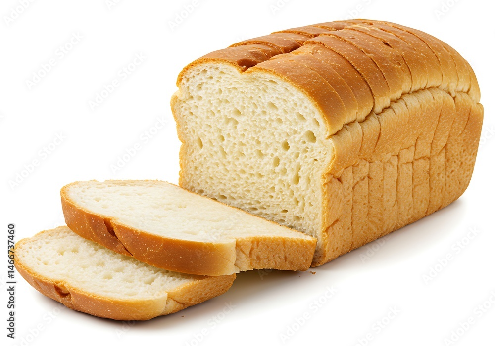 Poster a sliced loaf of white bread with two slices lying in front on a plain white surface background