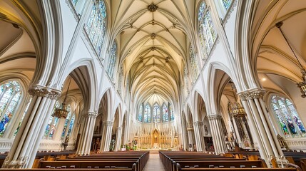 Fototapeta premium Stunning church architecture with soaring arches, intricate stone carvings, and stained glass glowing softly in natural light, wide-angle perspective. 