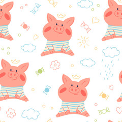 Cute pig in swimsuit seamless pattern. Vector illustration in simple hand drawn modern style. Adorable children print for paper, textile, fabric.