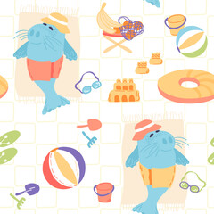 Naklejka premium Cute seal resting on the beach. Vector hand drawn illustration in simple hand drawn modern style. Adorable seamless pattern.