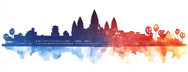 Cambodian flag colors depict Angkor Wat temple in clipart