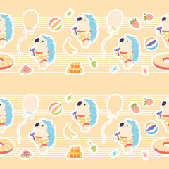 Seamless pattern with cute animals. Vector illustration in a simple modern style. Hedgehog builds a sandcastle and relaxes on the beach.  Hand drawn summer print.