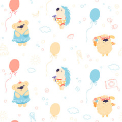Cute bear and hedgehog in swimsuit, sheep holding ice cream. Vector illustration in simple hand drawn style. Seamless summer pattern for paper, fabrics, textiles, kids wallpaper.