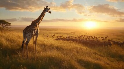 Majestic giraffe overlooking antelope herd on vast grassy plains, warm evening light casting shadows across undulating African landscape