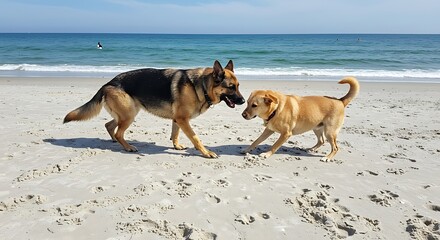 Two Dogs Playing on Beach on Sunny Day by the Ocean
