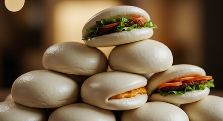 Steamed Buns with Fillings Stacked on Top of Each Other