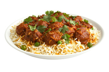 A flavorful dish of kofta curry with rice and cilantro on a white plate