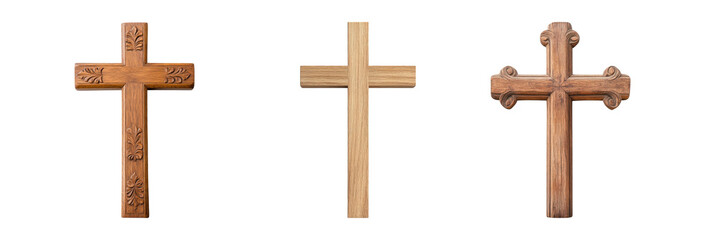 Wooden crosses in various designs, showcasing intricate carvings and smooth finishes, symbolize faith and spirituality