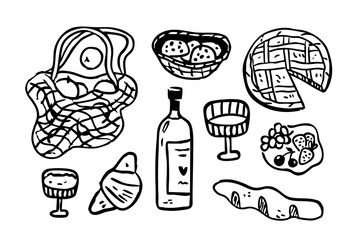 Set of objects for picnic in retro doode style. Whimsical vector illustration of food, pastry, wine and fruits.