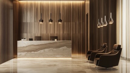 Modern beauty salon entrance with floating wooden panels, geometric pendant lights, and a sleek marble counter