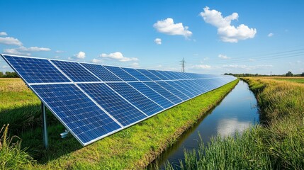 Solar arrays line canal in agricultural landscape panoramic view