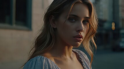 Obraz premium Portrait of a woman with long blonde hair wearing a light blue top in an outdoor setting at dusk