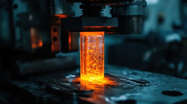 Molten plastic entering mold cavity through gate system during injection molding process with industrial lighting