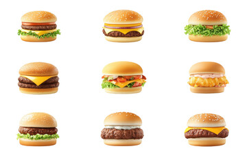 A grid of nine unique hamburgers on a stark white backdrop