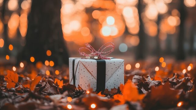 A white gift box with black polka dots and a red ribbon bow sits on a bed of fallen autumn leaves.