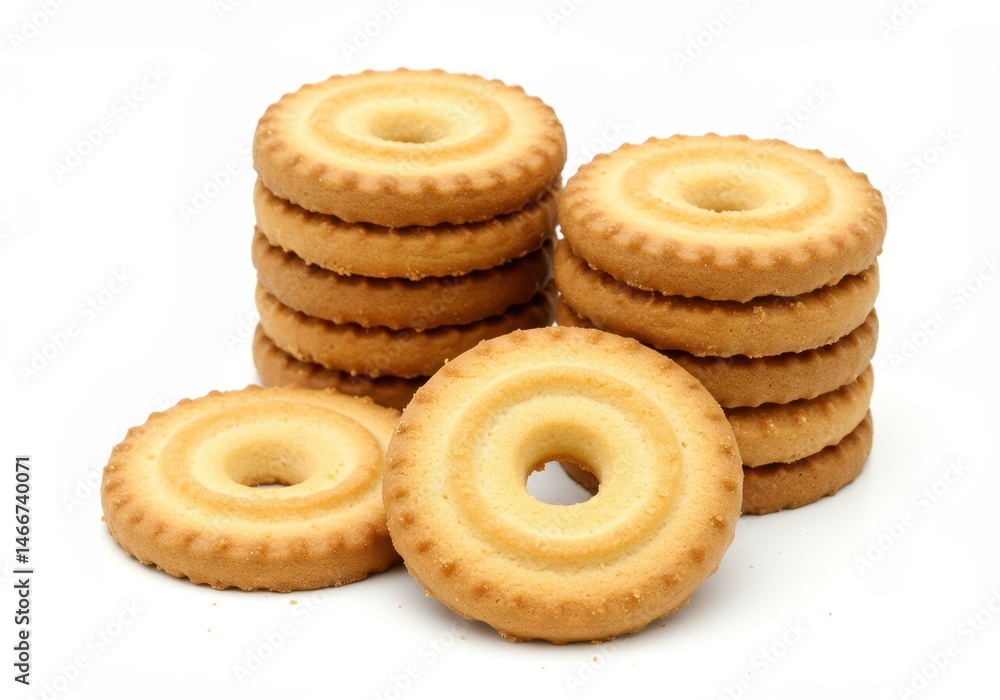 Poster stacks of round butter cookies with a hole in the middle on white background