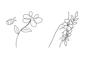 Delicate one line drawings of flowers bee and hand holding floral arrangement with leaves