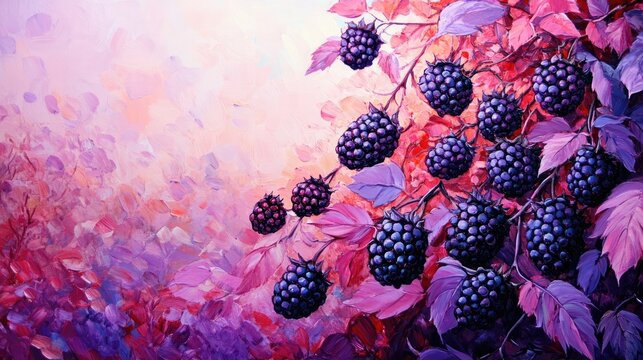 Blackberries painted in layered purples and deep reds contrast with a dreamy soft pink and violet impasto backdrop.