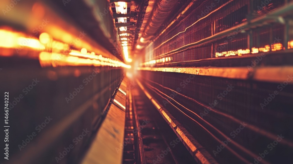 Poster abstract view of subway tracks disappearing into the distance with warm tones and metallic elements 