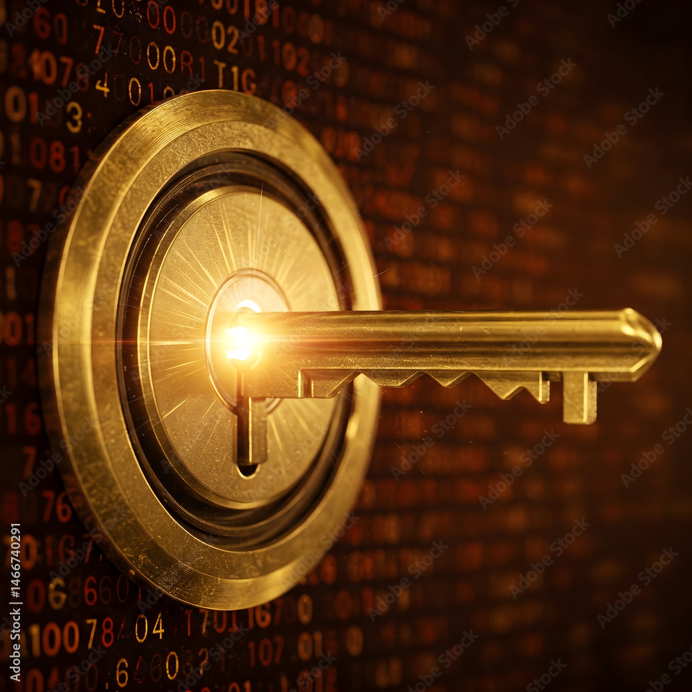 Poster a golden key inserted into a keyhole against a backdrop of glowing digital code. generative ai.
