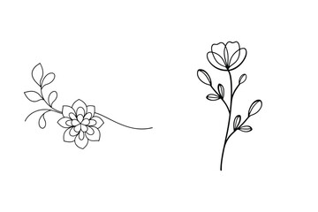 Elegant line art illustrations of floral elements including flowers and leaves for decorative design