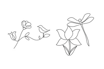 Delicate floral and fauna one line art composition featuring flowers bird and dragonfly designs