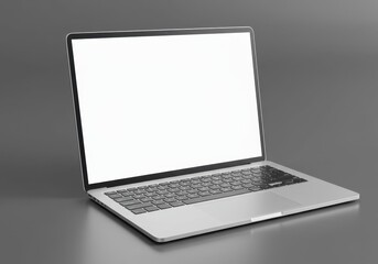 Laptop computer with blank screen on gray surface for design mockups