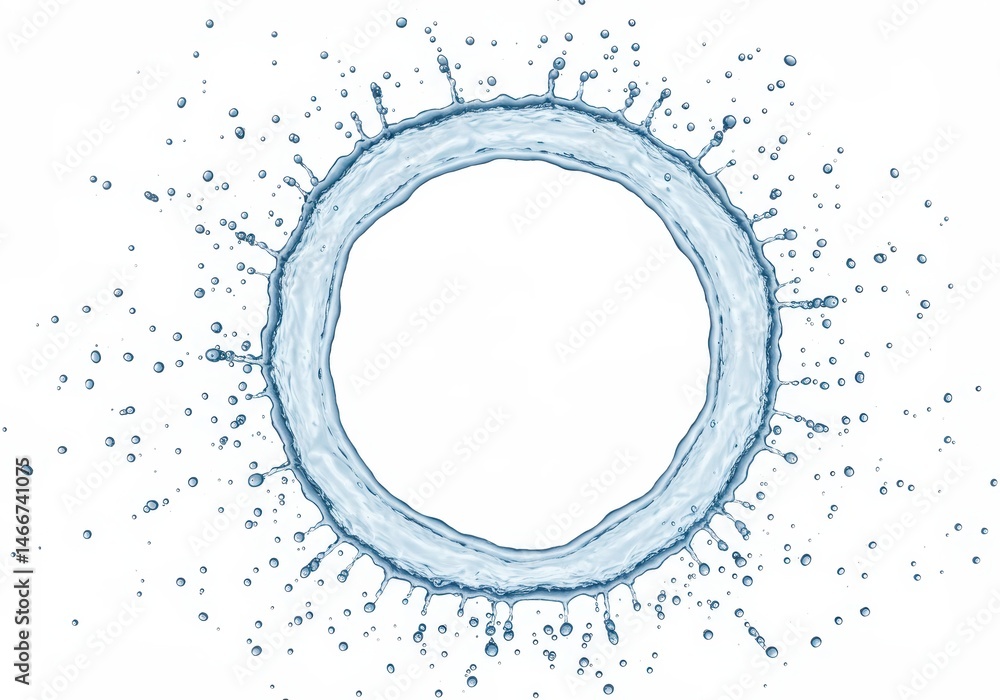 Poster water ring with splashes on a white background, creating a dynamic circular shape