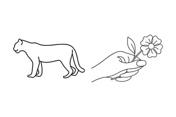 Minimalist line drawing of a walking cougar and a hand holding a delicate flower