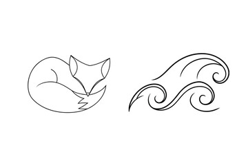 Elegant black and white line art illustration featuring a sleeping fox and decorative swirls