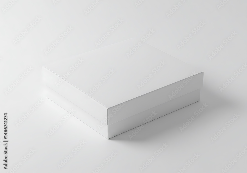 Poster a simple white box sits on a white surface with a subtle shadow creating a minimalist aesthetic view