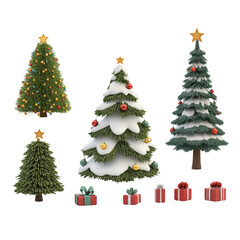 Fototapeta premium Miniature Christmas trees with decorations and gifts create festive atmosphere. These vibrant trees feature colorful ornaments