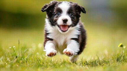 Fototapeta premium Playful puppy running in a grassy field